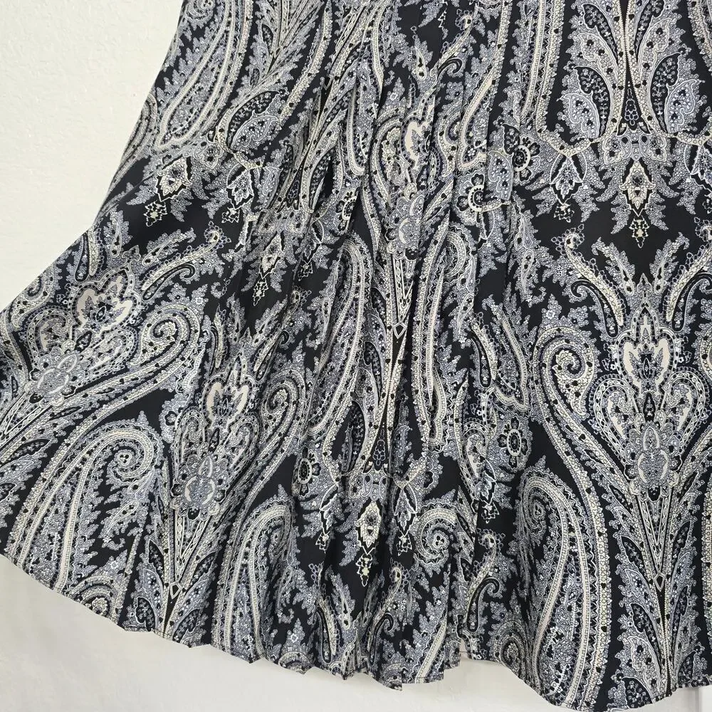Women's 2P Silk Mini Skirt Black Paisley Print A-Line Pleated Office Waist 28